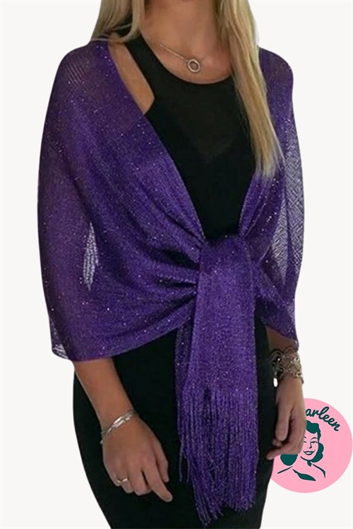 Sjal, metallisk lilla sjal med glitter - med frynser
